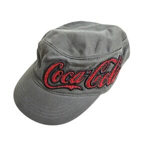 Coca-Cola Gray Hat Military Style Cap Red Glitter Logo Adjustable